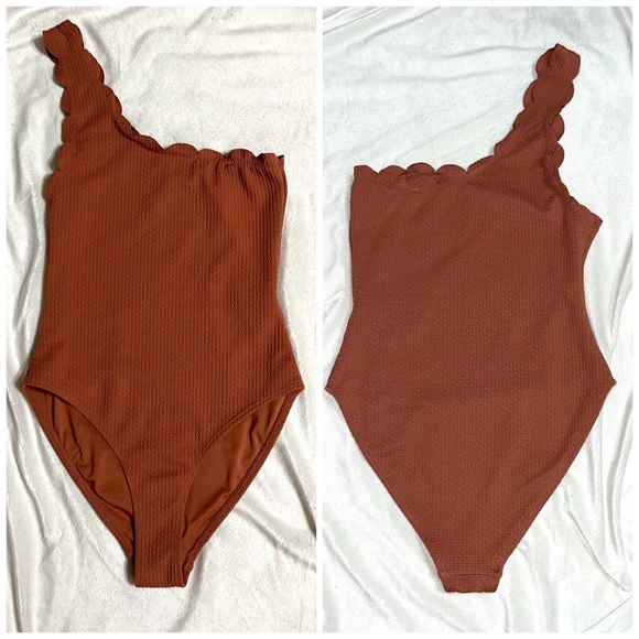 Topshop scallop one shoulder one piece swimsuit rust size 2 - Picture 4 of 8